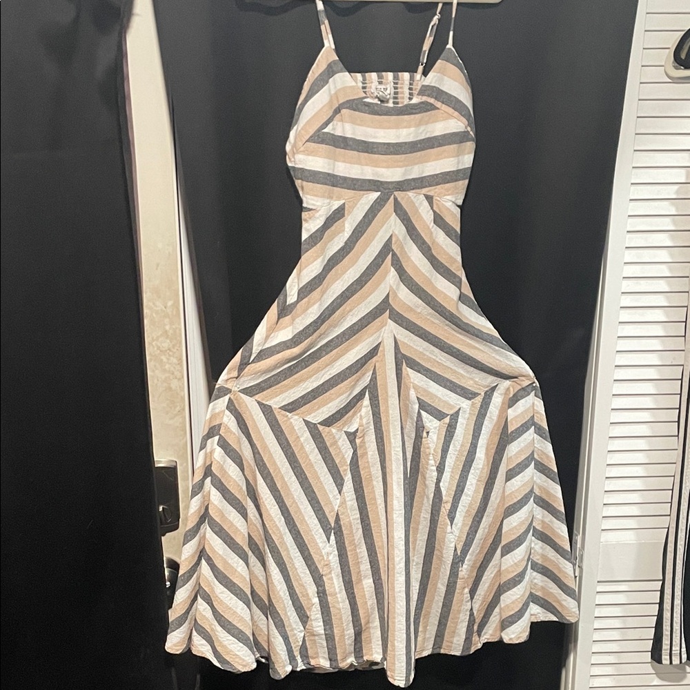 Elegant Beige and Gray Striped Midi Dress